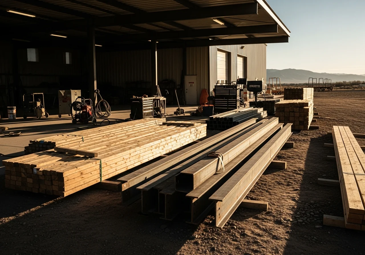 Construction crew and equipment on an active job site, showcasing tools and structural framing work.