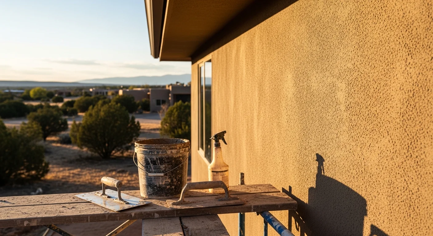 Stucco contractor applying finish coat to exterior wall
