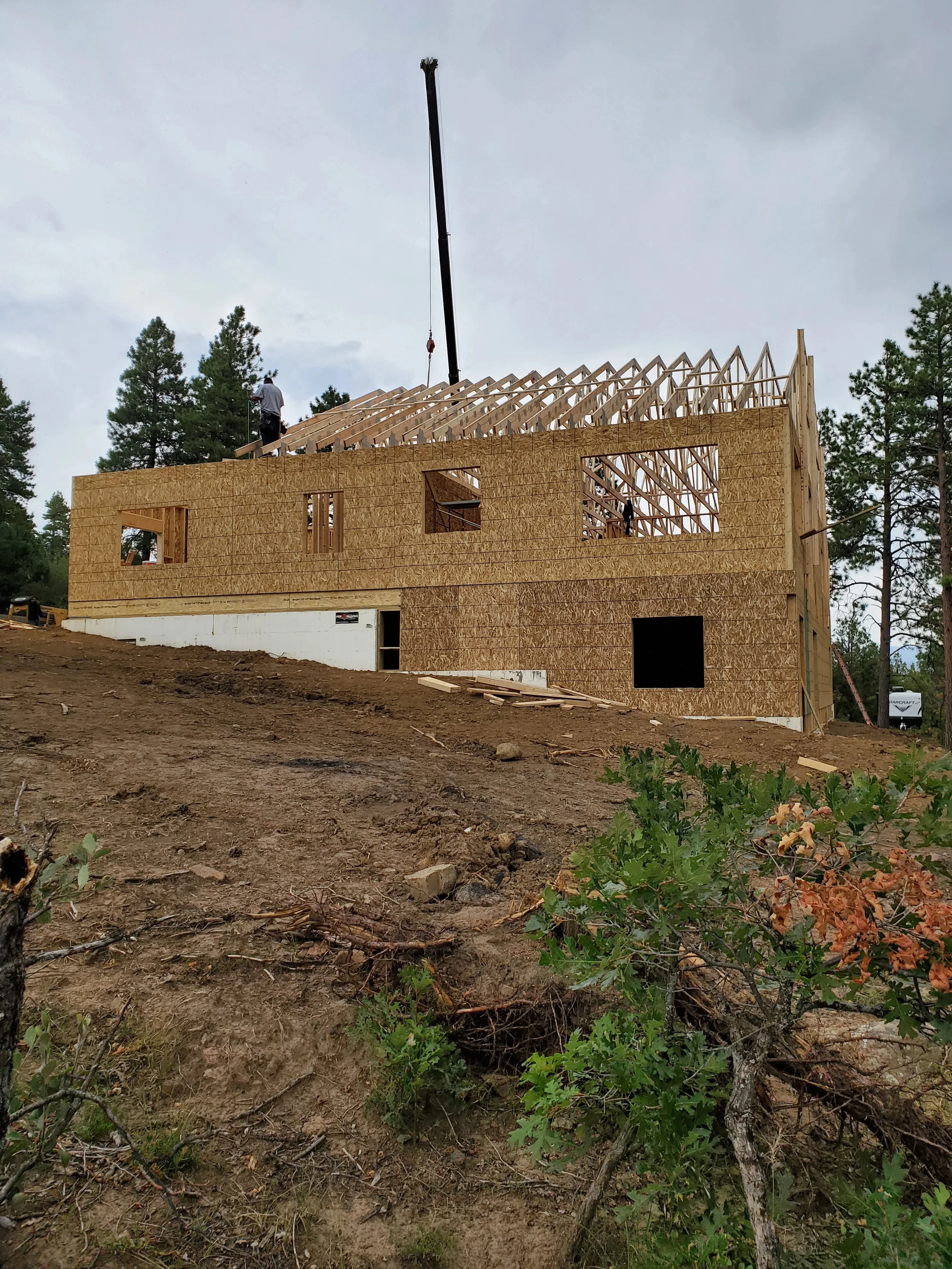 Two-story wood-framed house with OSB sheathing, exposed roof trusses, and multiple window openings under construction