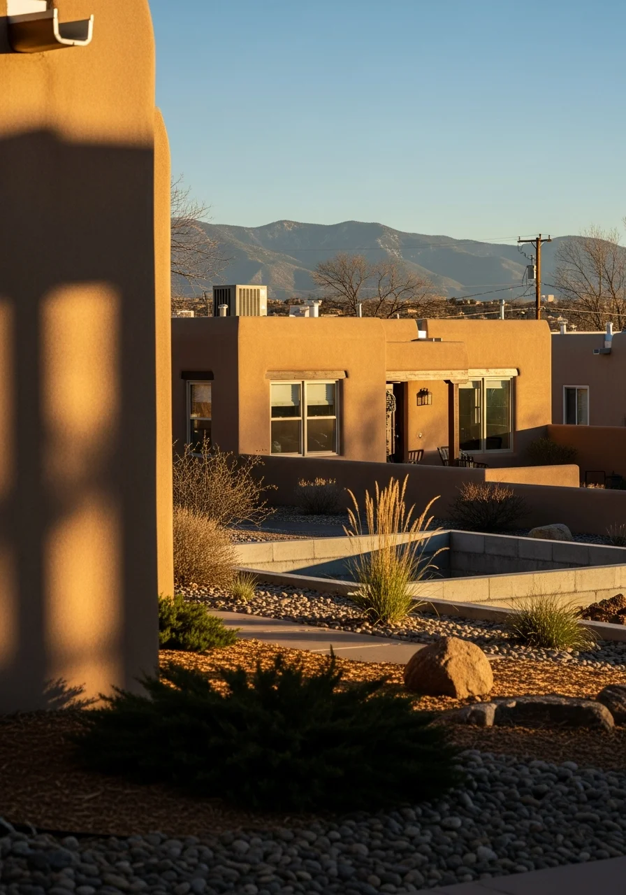 Residential property in Albuquerque neighborhood with desert landscaping and sun-protective architectural features.