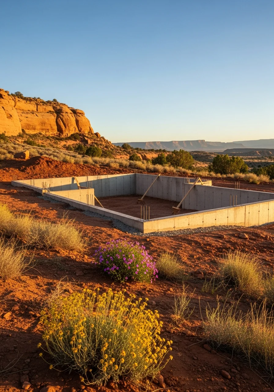Desert residential property with wind-resistant design and native landscaping on mesa terrain.