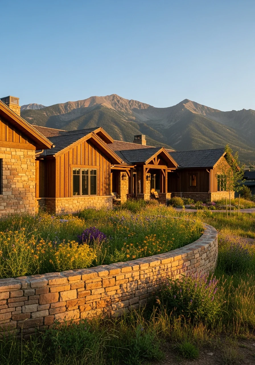 Close-up of well-maintained residential property with mountain backdrop and mature landscaping.