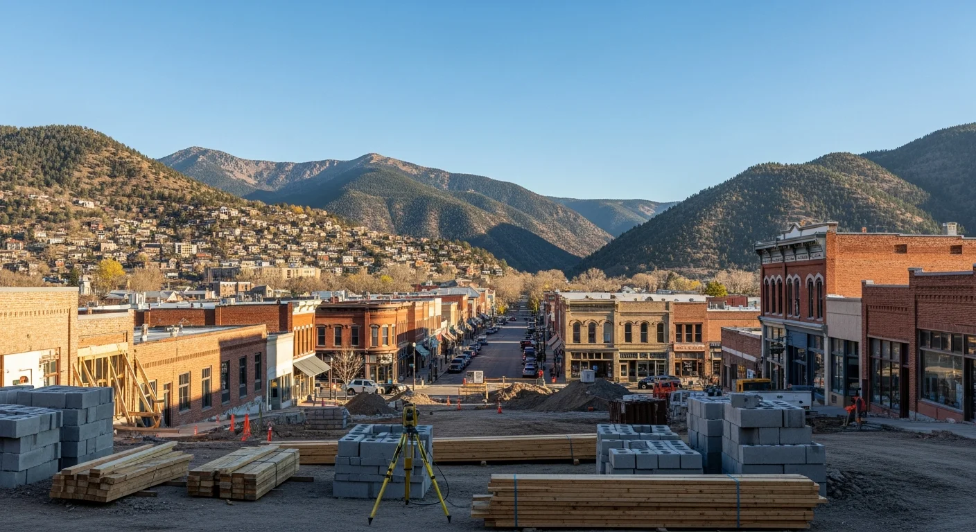 Mountain valley town with historic downtown buildings and residential neighborhoods nestled below forested peaks.