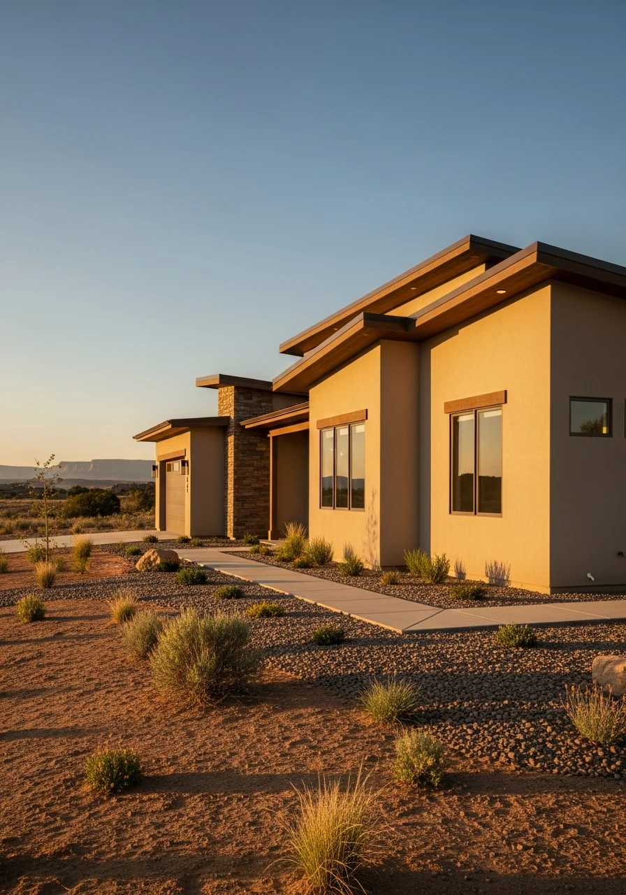 Well-maintained residential property with desert landscaping and protective roof design for intense sun.