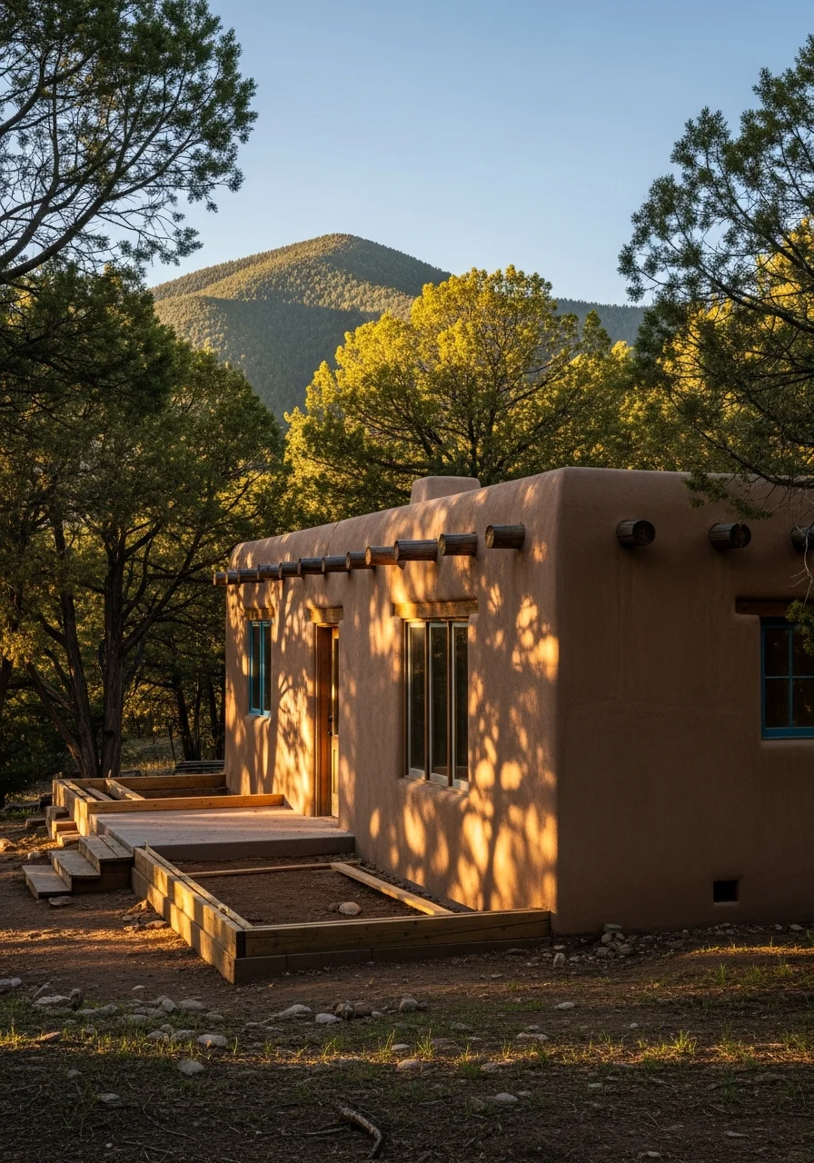 Remote mountain property with traditional construction nestled in forested terrain with mountain backdrop.