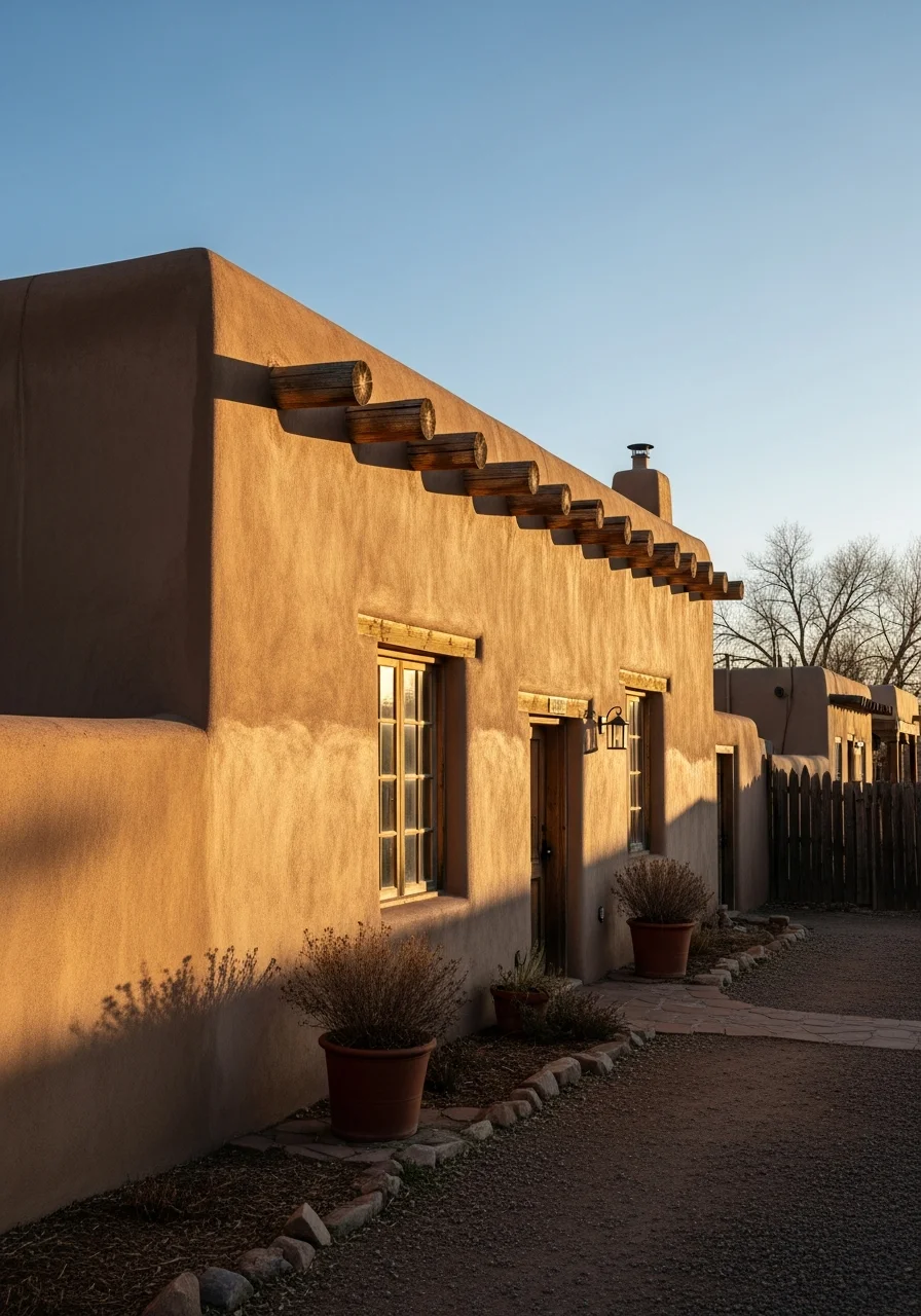 Traditional adobe home with characteristic flat roof and earth-tone plaster finish in historic Santa Fe neighborhood.