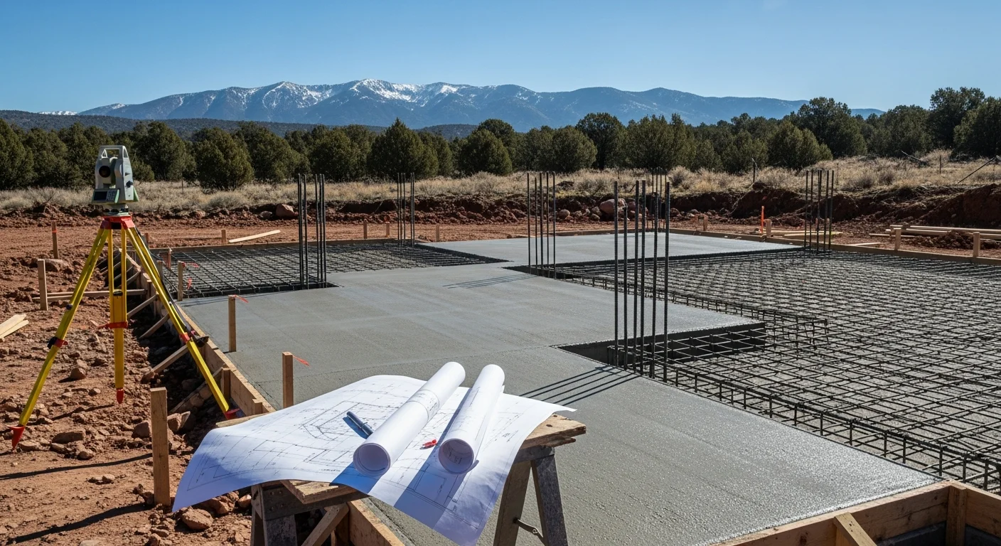 A commercial building under construction in Durango, Colorado with structural framing visible against a mountain backdrop. A general contractor crew works on the ground-level foundation in a La Plata County commercial zone.