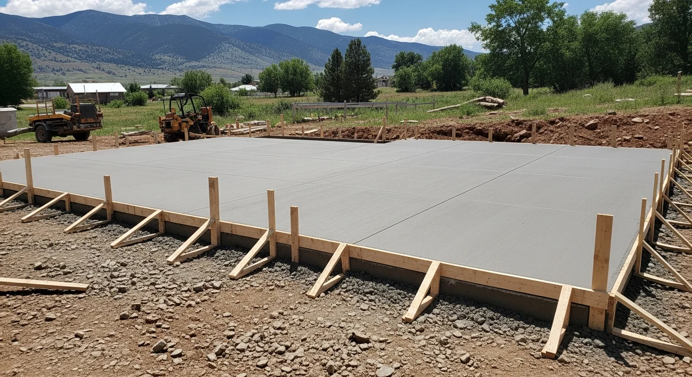 A freshly finished concrete driveway slab at a residential property in Durango, Colorado, with clean edges and a smooth broom-textured surface. The surrounding landscape reflects the high-elevation terrain typical of La Plata County.