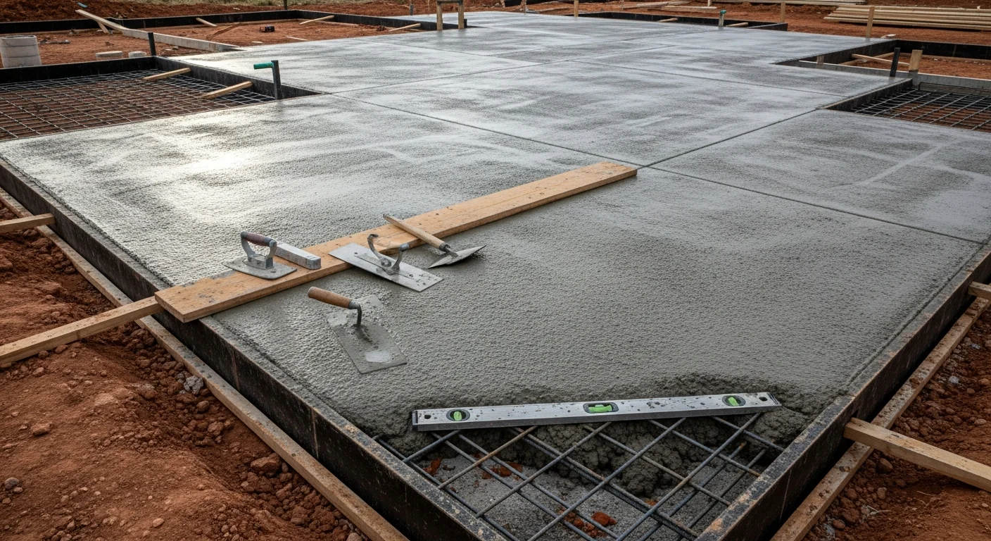 A freshly poured concrete foundation slab at a residential construction site in Durango, Colorado, with steel rebar visible at the edges and surrounding terrain showing the area's characteristic rocky, clay-heavy soil.
