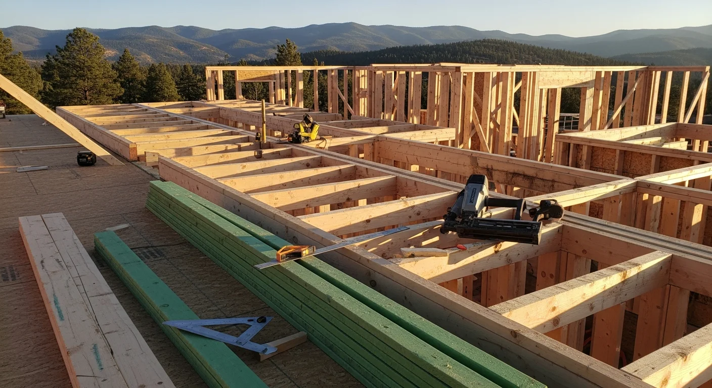 Custom wood framing in progress on a residential build in Durango, Colorado, showing wall and roof structure on a sloped mountain lot. Mendoza Structural Enterprises framing crew working from engineered construction drawings on a La Plata County new construction project.