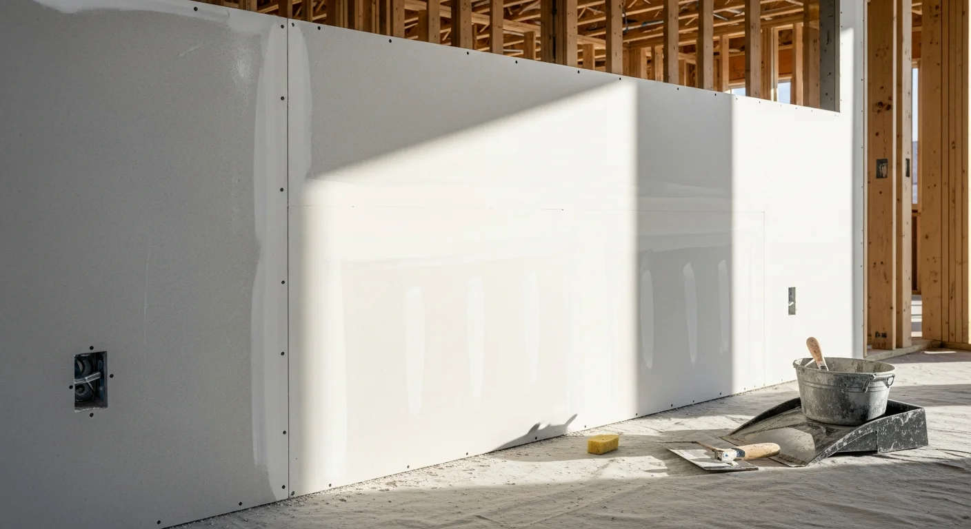 Interior view of a drywall installation in progress on a residential new construction project in Durango, Colorado, showing hung panels on framed walls with taped seams ready for mudding. A framing contractor crew works in a room with mountain-area construction visible through an open window frame.