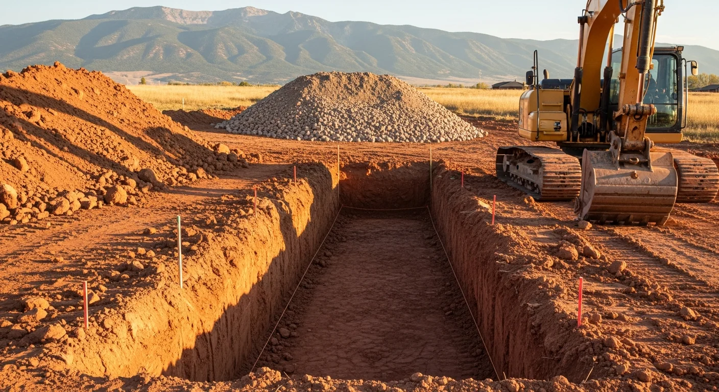 Excavation equipment cutting a foundation footprint on a sloped residential lot in Durango, Colorado, with exposed soil and graded terrain visible. La Plata County mountain terrain is visible in the background.