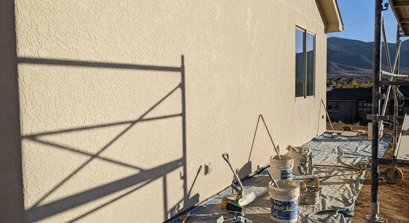 A finished exterior stucco wall on a residential home in Durango, Colorado, showing a smooth, even surface coat with no visible cracking. The surrounding landscape reflects the high-elevation mountain setting typical of La Plata County.