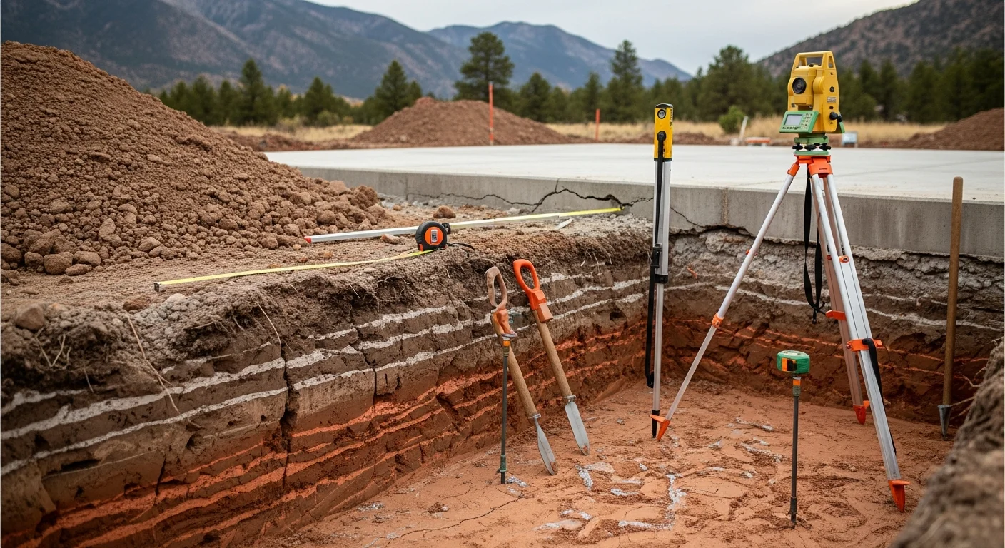 A residential foundation wall in Durango, Colorado showing a structural repair in progress with exposed footing and compacted soil at the base. A crew member inspects the concrete surface against a backdrop of the southwestern Colorado landscape.