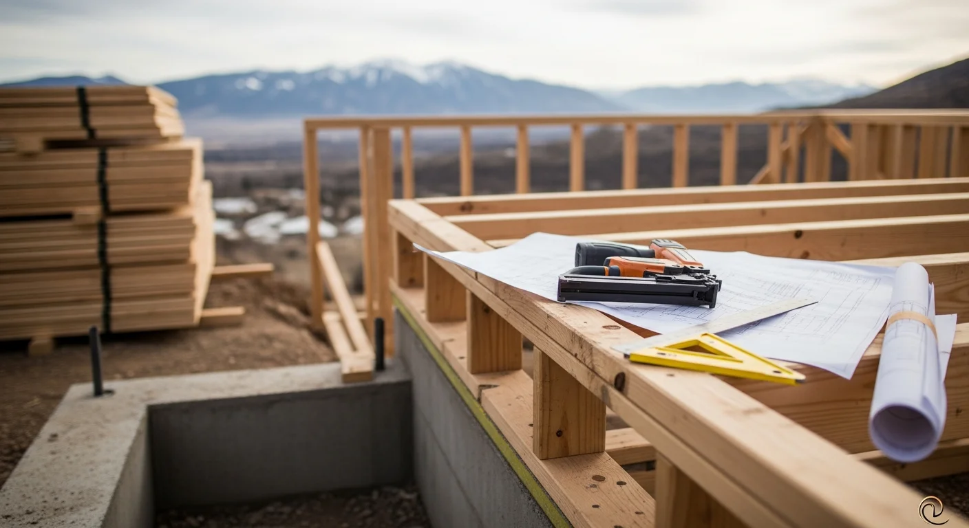 Wood frame structure under construction on a residential lot in Durango, Colorado, showing wall framing, floor system, and open roof framing against a mountain backdrop. Framing crew from Mendoza Structural Enterprises working on a new build in La Plata County.