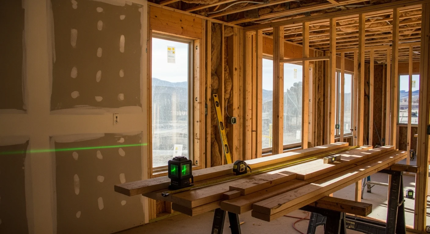 Remodeled kitchen interior inside a Durango, Colorado home showing updated cabinetry, countertops, and structural framing work completed by a general contractor. Mountain-area residential construction visible through large windows overlooking a wooded Colorado landscape.