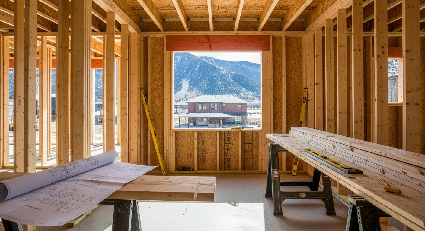 Interior framing in progress inside a Durango, Colorado residential build, showing wood stud partition walls and rough door openings with the San Juan Mountain landscape visible through an exterior window opening.