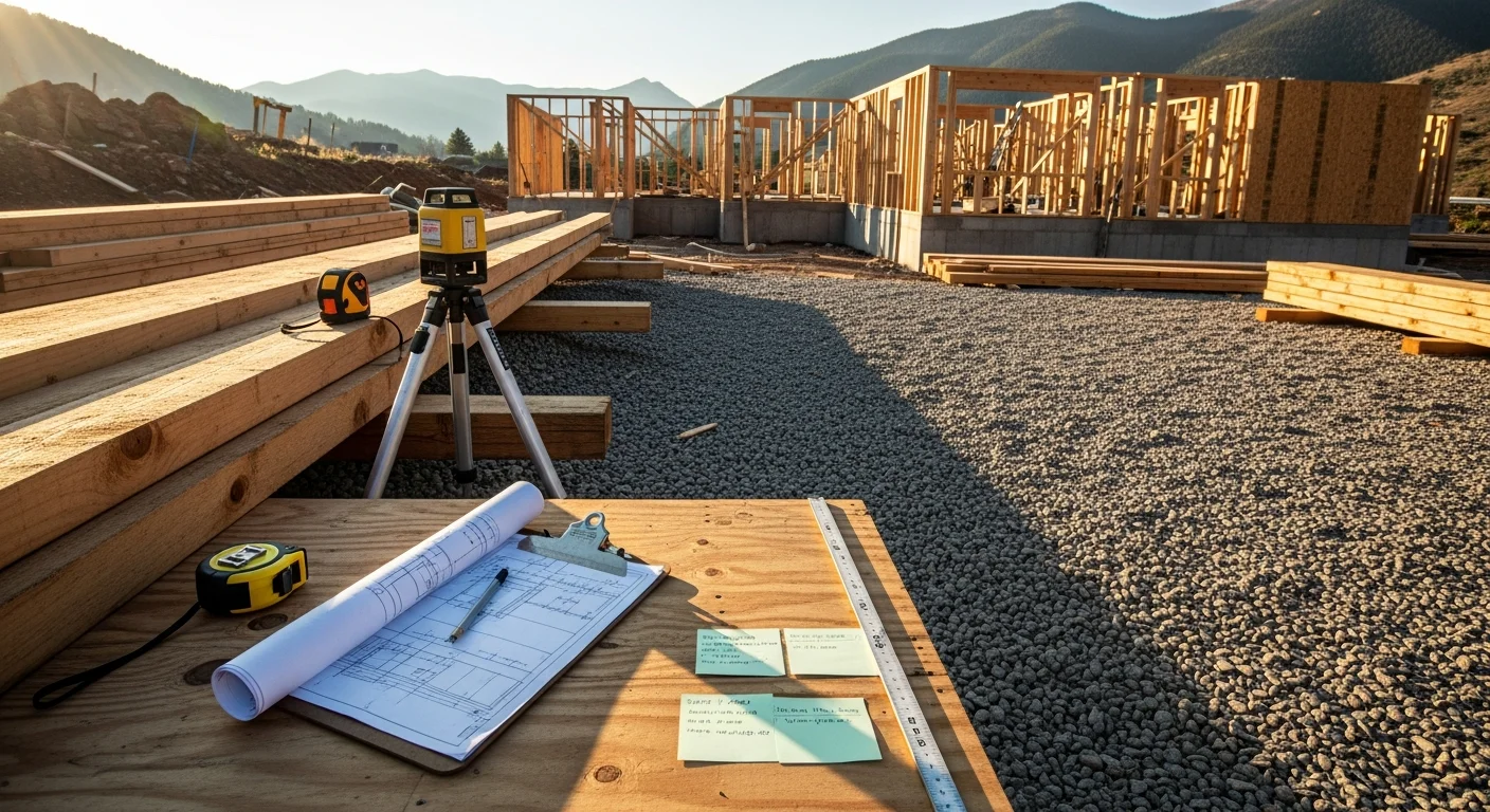 A Mendoza Structural Enterprises project manager reviewing construction plans on an active job site in Durango, Colorado, with a partially framed structure and San Juan Mountain terrain visible in the background. The image shows a clipboard with site documentation and a crew member in the frame, reflecting on-site oversight of a mountain-area build.