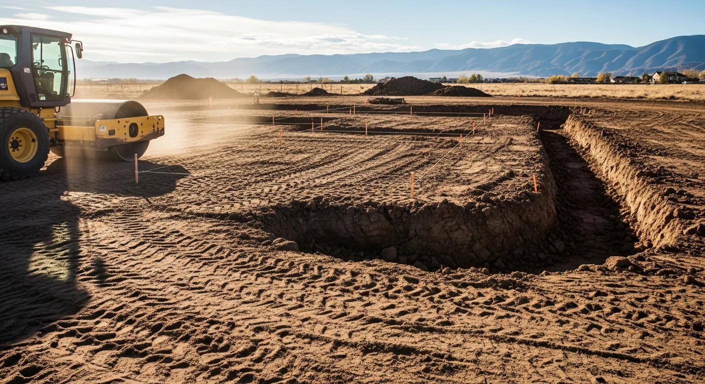 A graded and compacted building site in Durango, Colorado with exposed subgrade soil leveled and sloped for drainage ahead of foundation work. A foundation contractor's equipment is visible on the cleared lot against a backdrop of the San Juan Mountains.