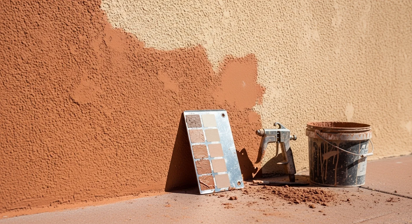 Close-up of a stucco exterior wall in Durango, Colorado showing a seamlessly color-matched repair section blending into the surrounding weathered finish. A stucco contractor applies a tinted finish coat to align the patch with the aged tone of the existing wall surface.