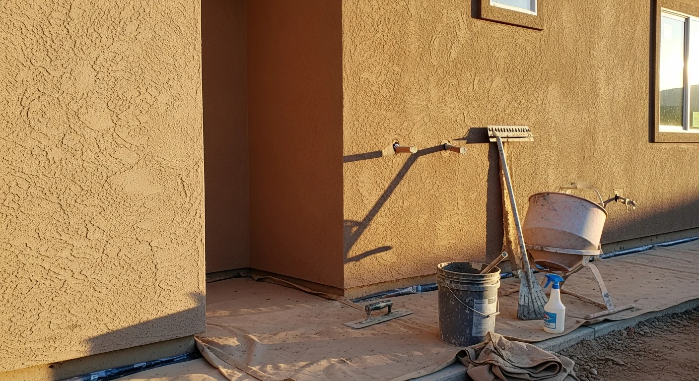 A freshly finished stucco exterior on a residential home in Durango, Colorado, showing an even sand-texture coat with clean edges around window trim. The finish reflects the natural tones common to La Plata County properties against a clear mountain-sky backdrop.