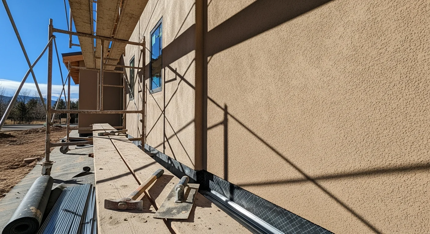 A freshly installed stucco exterior on a Southwestern-style home in Durango, Colorado, showing a smooth earth-tone finish coat against a mountain backdrop. Close detail reveals clean corner beading and consistent texture across the wall surface.