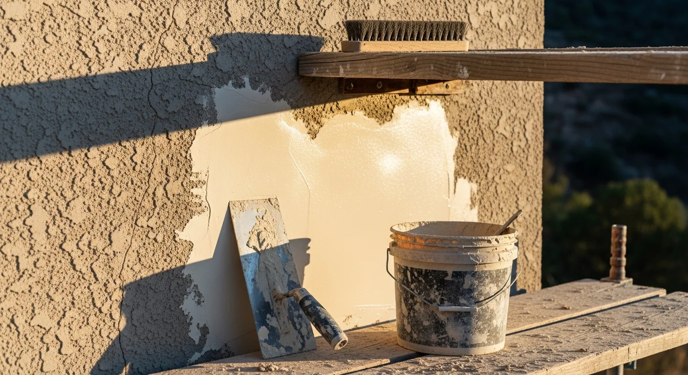 A stucco contractor repairing a cracked exterior wall on a residential home in Durango, Colorado, with the San Juan Mountains visible in the background. Close-up view shows freshly applied stucco patch blending with the existing textured finish.